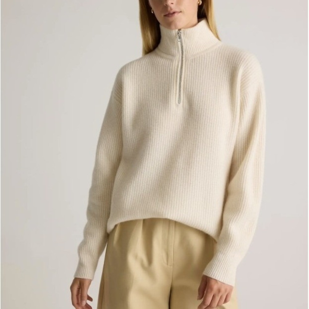 NEW Quince Mongolian Cashmere Fisherman 1/4 Zip Sweater Women S Ivory Neutral